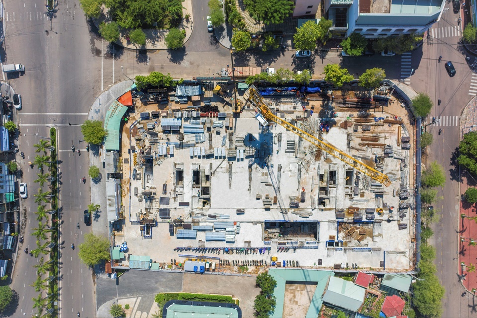 Hình tổng quan tiến độ thi công tháng 7/2021 căn hộ Grand Center Quy Nhơn