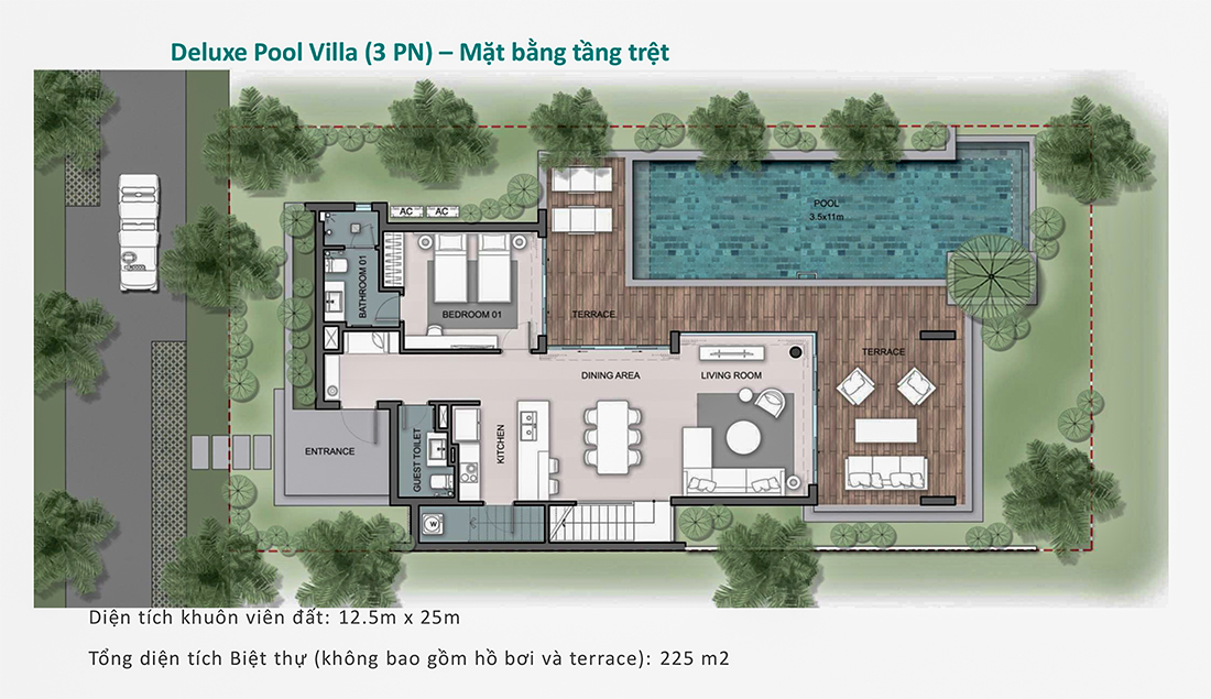 Mặt bằng tầng trệt biệt thự Deluxe Pool Villa 3PN