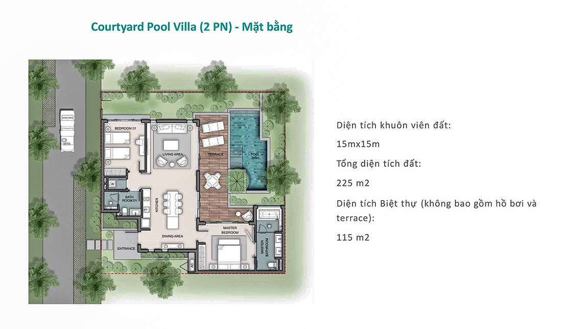 Mặt bằng tầng trệt biệt thự Courtyard Pool Villa 2PN